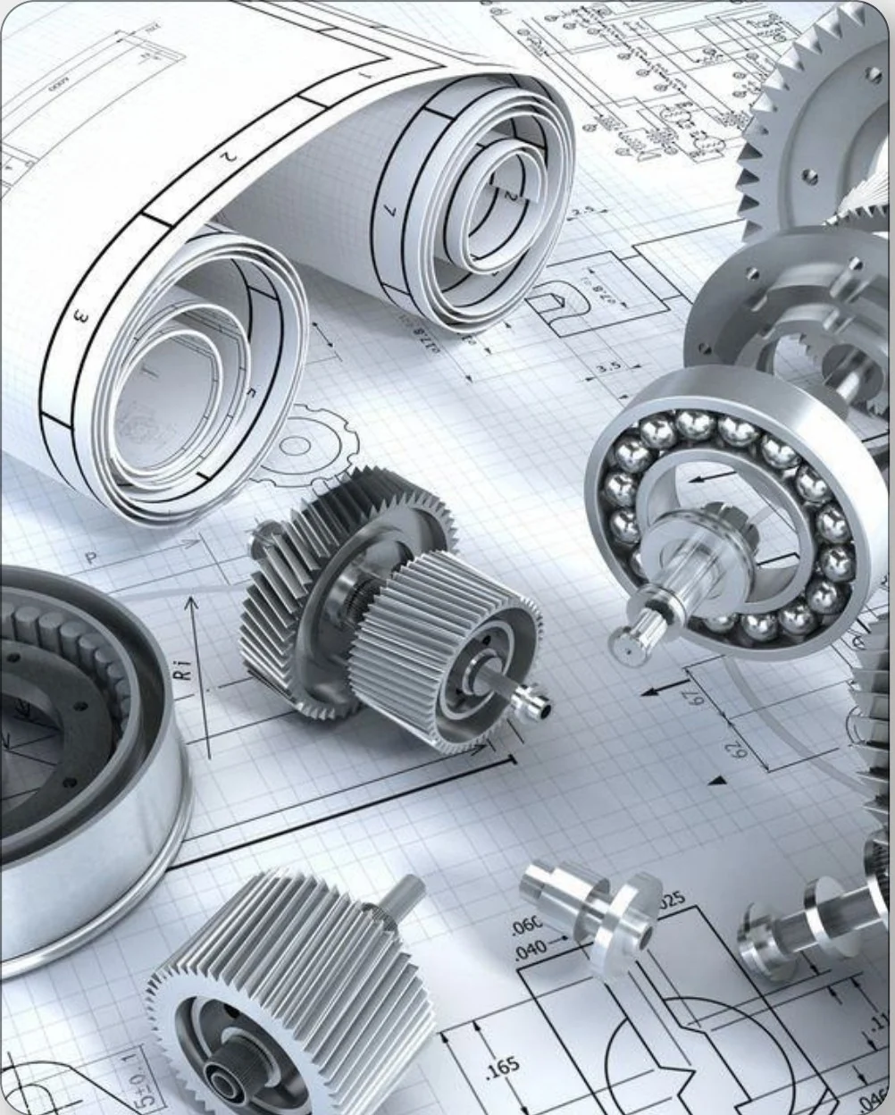 Machined gears, bearings and shafts arranged on an engineering blueprint